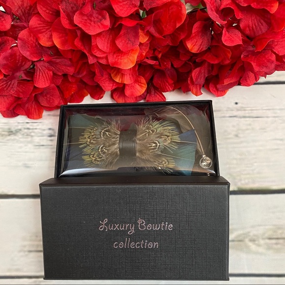 Handmade Blue & Brown Feather Bow Tie Boutonnière Lapel Pin Set - Picture 7 of 11